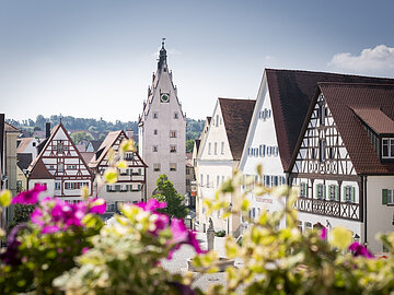 Aussicht vom Rathaus auf die Monheimer Wahrzeichen - Der Obere Torturm mit den Moserhäusern Aussicht aus dem Rathaus