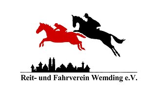 Das Logo des Reit- und Fahrvereins Wemding e.V. - zwei über die Umrisse von Wemding springende Pferde mit Reiter