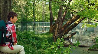 Eine Wanderin sitzt am idyllischen Doosweiher und blickt auf das Wasser.