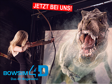 Mädchen schießt mit Pfeil und Bogen auf Dinosaurier