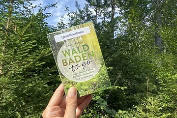 Eine Hand hält eine Schachtel mit Anleitung zum Waldbaden in die Luft