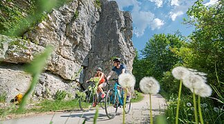 Grüne Blätter und weißer Löwenzahn bilden den Rahmen für zwei Radler auf dem Fahrradweg. Der Mann mit hellblauem Gravelbike und schwarzem Fahrradhelm und dahinter eine Frau mit Damenfahrrad und roten Shirt. Sie trägt ebenfalls einen Helm. Dahinter ragen die Felsen bei Dollnstein hoch. Gesäumt wird der Weg von grünen Bäumen.
