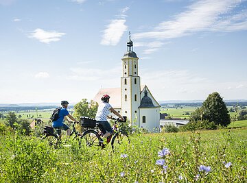 Wallfahrtsbasilika Maria Brünnlein Zwei Radfahrer fahren entlang einem blühenden Feldweg mit Sicht auf die Wallfahrtsbasilika Maria Brünnlein.