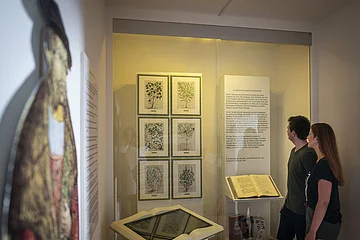 Ein Paar betrachtet die Ausstellung in der Geopark-Infostelle.