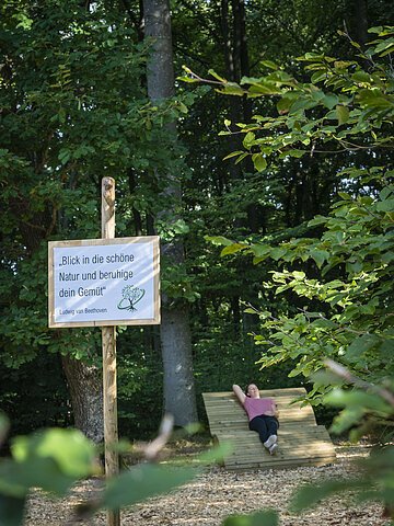Eine Frau liegt auf einer Holzliege beim Waldbaden.