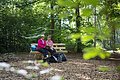 Zwei Freundinnen sitzen im Wald auf einer Bank und schauen sich ein Buch an.