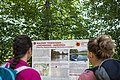 Zwei Freundinnen lesen die Informationstafel "Sagenweg" am Waldsee.