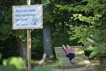 Eine Frau liegt auf einer Holzliege beim Waldbaden.