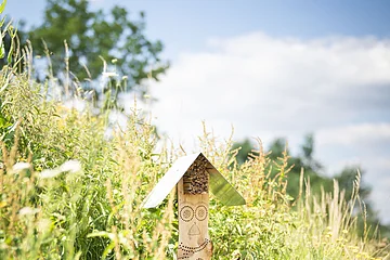 Ein Insektenhotel steht auf der Wiese im botanischen Obstlehrgarten.