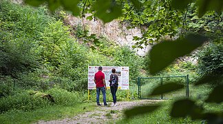 2 Menschen stehen vor der Geopark Ries Tafel des Steinbruchs am Sagenweg bei Wemding.
