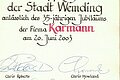 Dokument 35-jähriges Jubiläum Firma Karmann